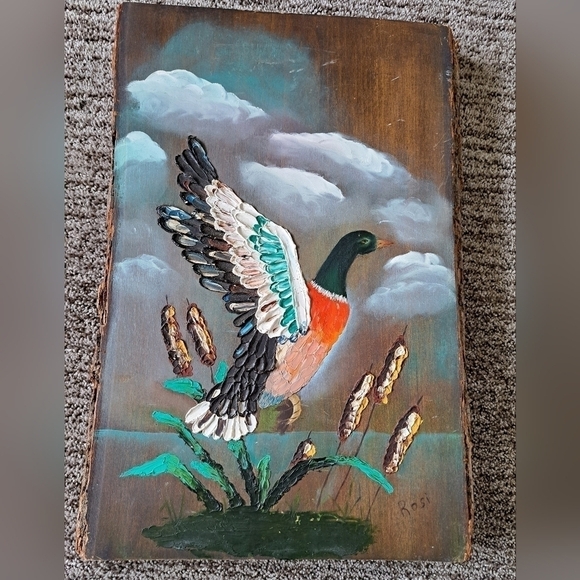 Rosi Art Oil Artist On Wood Painting Original Mallard Duck In Flight Cattails - Picture 1 of 12